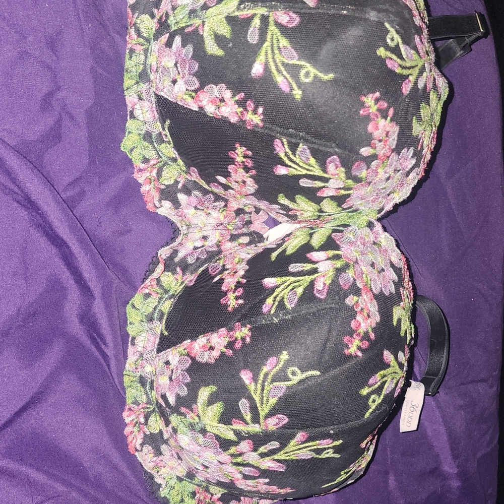 Black Floral Embroidered Bra with Pink & Green Accents